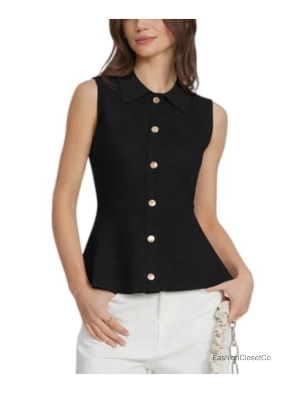 Women's Sleeveless Peplum Knit Sweater Vest with Collar and Gold Buttons